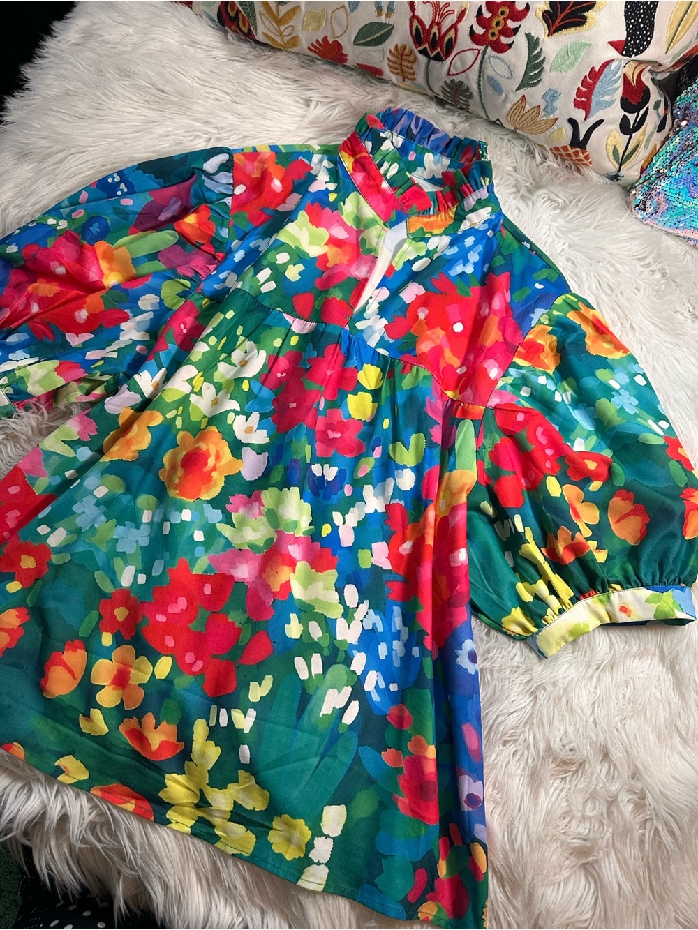 Floral Puff Sleeve Mandarin Collar Ruffle Blouse - Picture 5 of 12